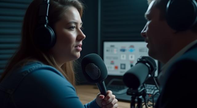 放送スタジオでインタビューを受ける様子